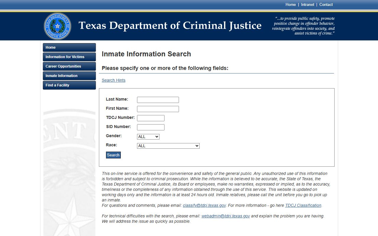 Jackson County state prison inmate lookup through TDCJ search